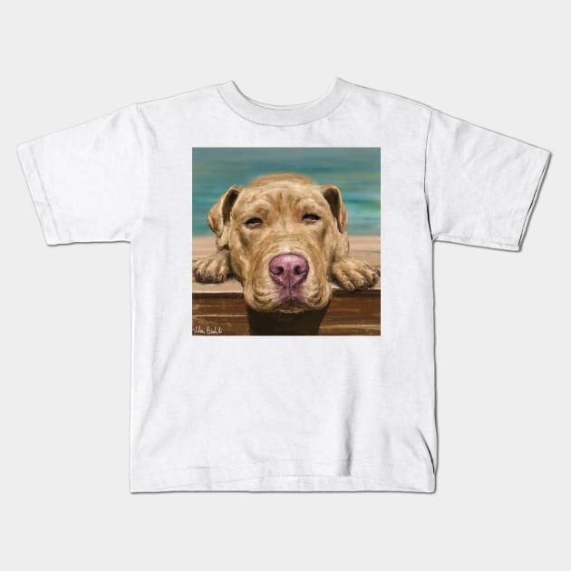 A Painting of a Red Nose Pit Bull Taking a Nap and Sunbath Kids T-Shirt by ibadishi